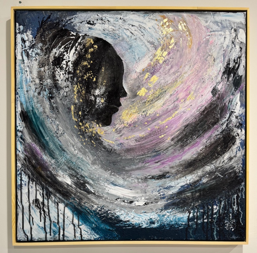 Square mixed-media abstract: a dark profile inside a sweeping pale curve, drips falling below.