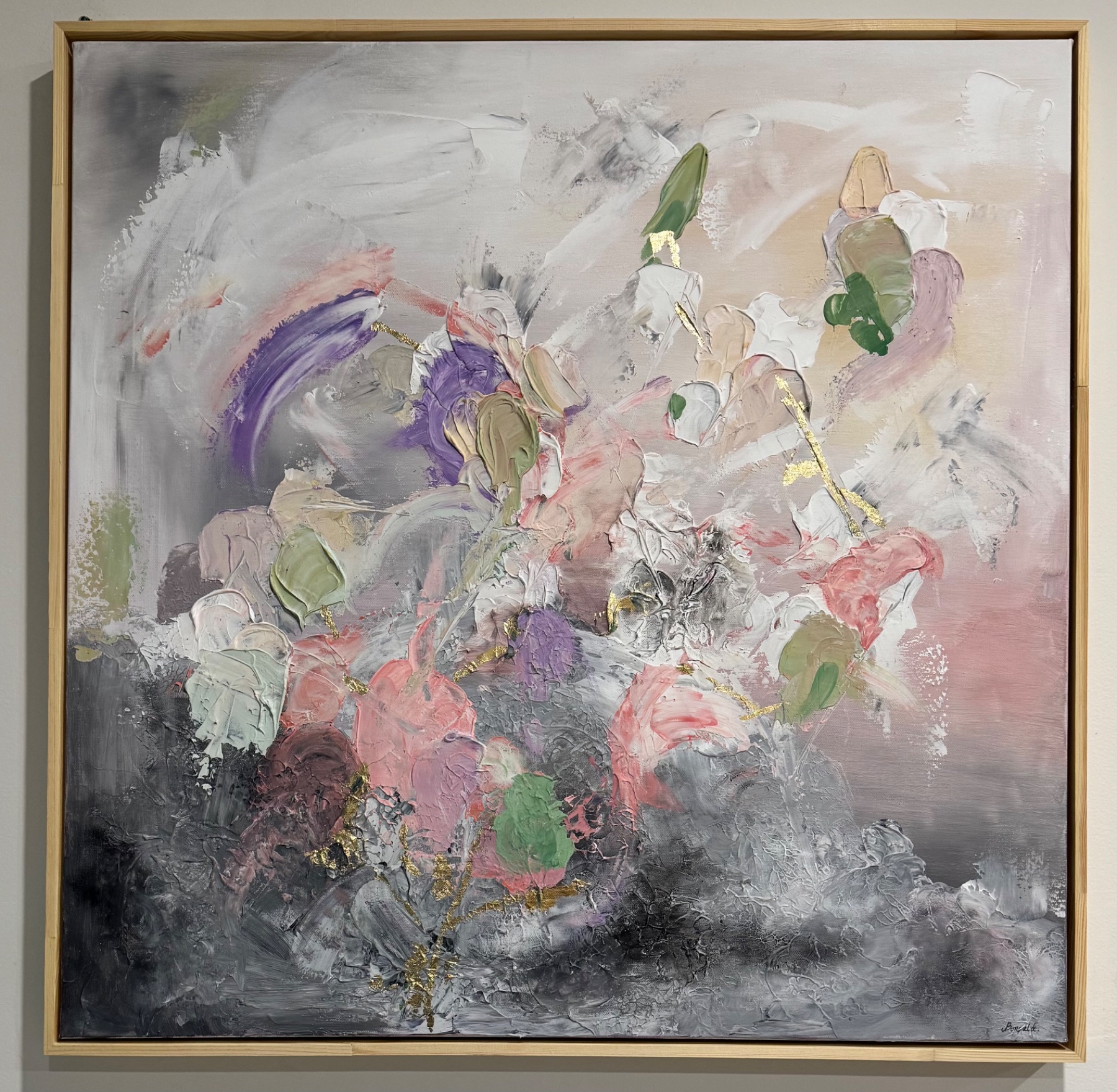 Square mixed-media abstract: loose blooms of pink, green and violet impasto rising through a grey field.