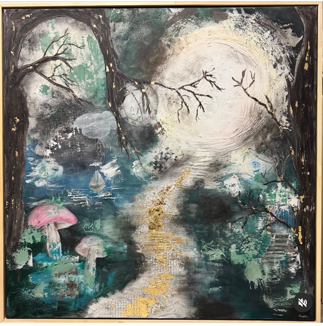 Square mixed-media abstract: a moonlit forest pool with pink mushrooms and a gold path winding through.