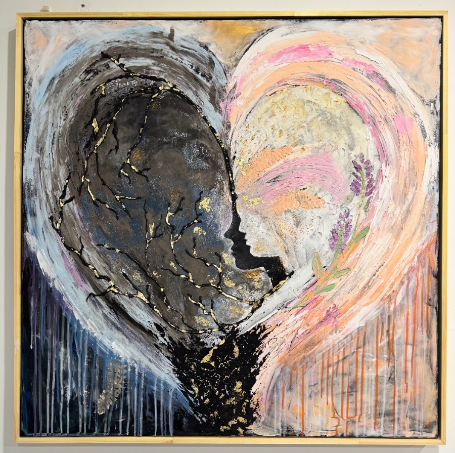 Square mixed-media abstract: two faces turned toward each other across a dark and light divide, gold leaf through the surface.