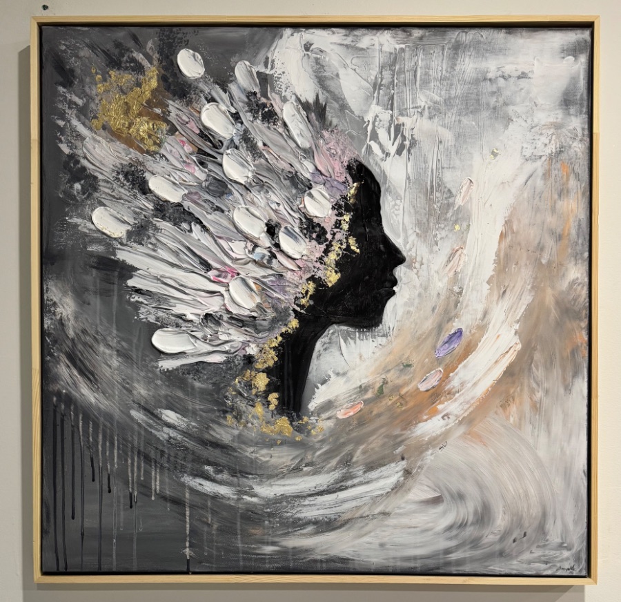 Square mixed-media abstract: a dark profile crowned with thick white petal forms and gold leaf.