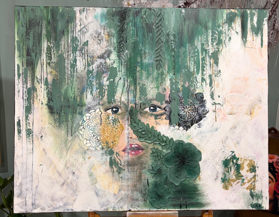 Abstract portrait: a face dissolving into a pale field of drips and lace texture, the eyes still clear.