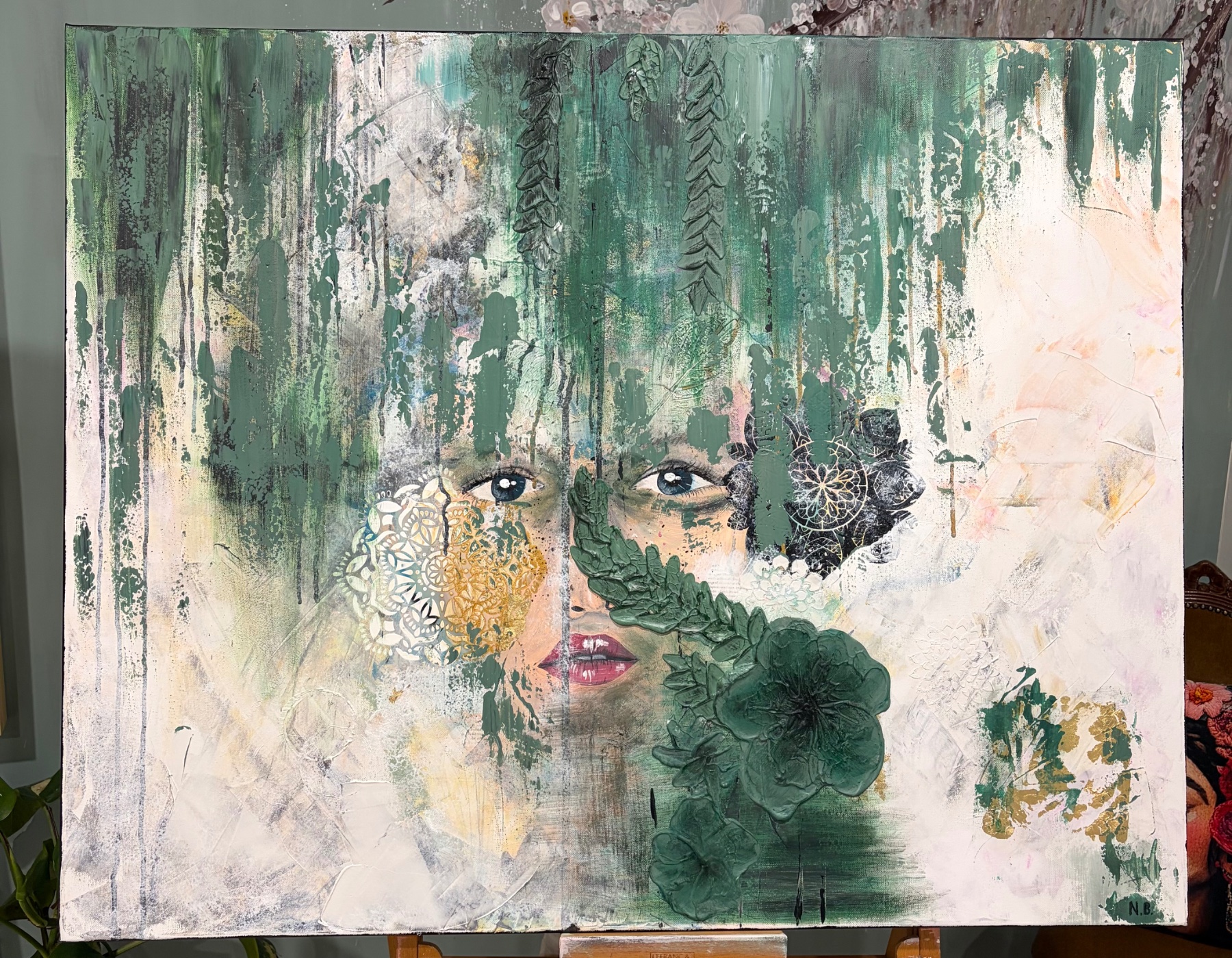 Abstract portrait: a face dissolving into a pale field of drips and lace texture, the eyes still clear.
