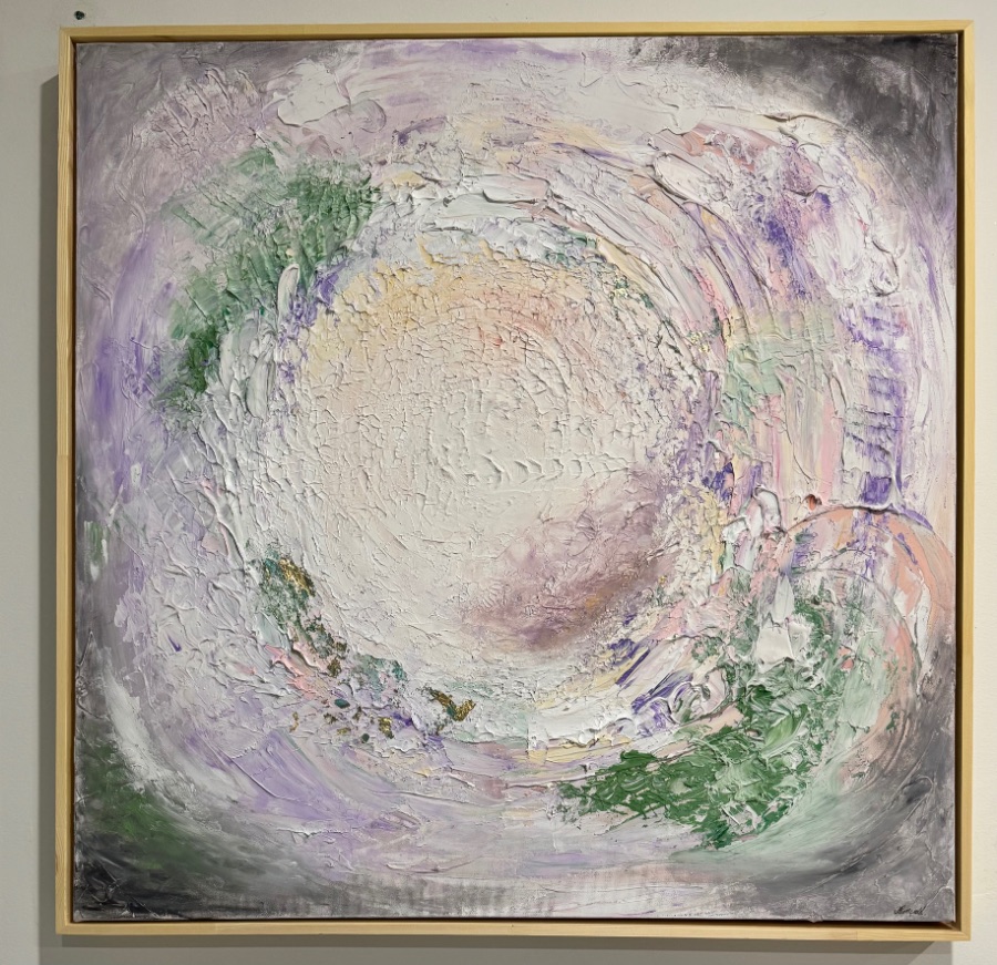 Square mixed-media abstract: a pale circular form built from thick swirling texture, gold flecks at the edges.