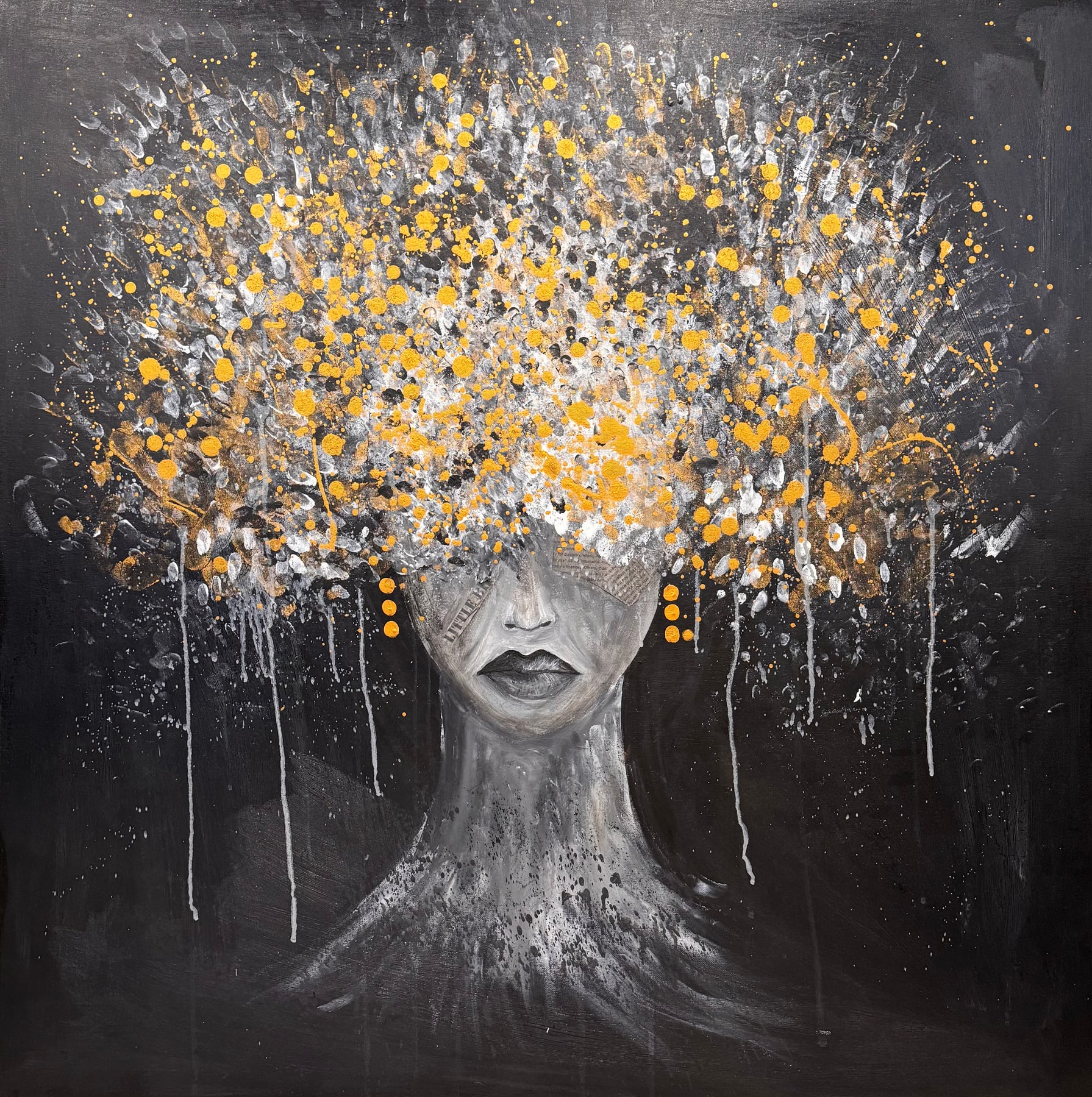 A face formed from a tree trunk on a black ground, crowned with a spill of gold and white branches.