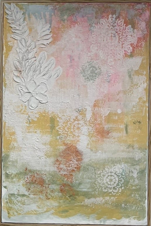 Pale abstract with raised white floral relief and soft pink and green washes.