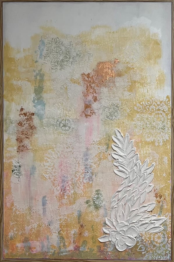 Warm ochre abstract with raised white leaf relief down the right side.