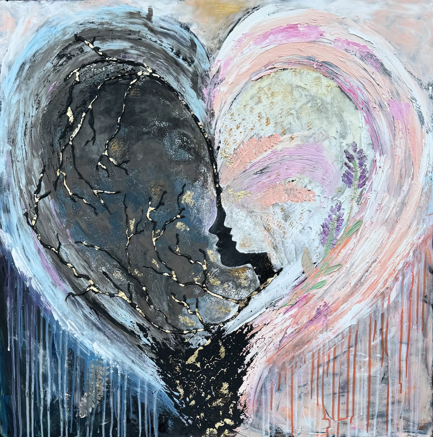 Square mixed-media abstract: two faces turned toward each other across a dark and light divide, gold leaf through the surface.