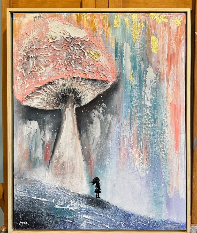 A tiny figure standing beneath an oversized coral mushroom.