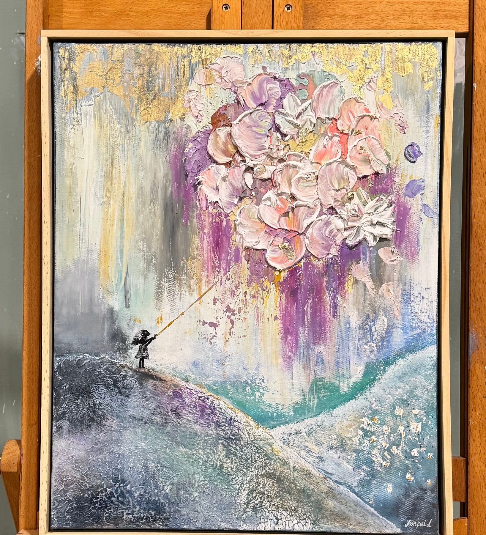 A small figure on a hillside holding a golden thread to an enormous floating bouquet.